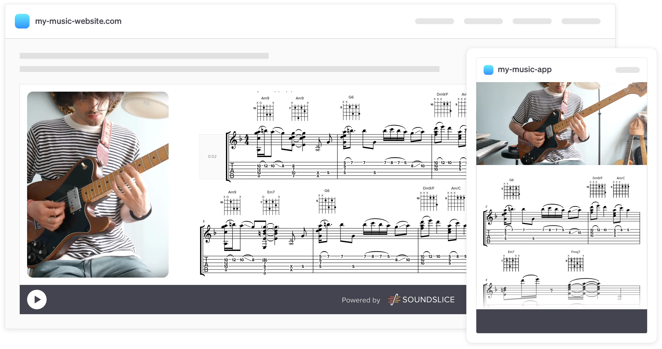 The Soundslice player embedded in a website and an app
